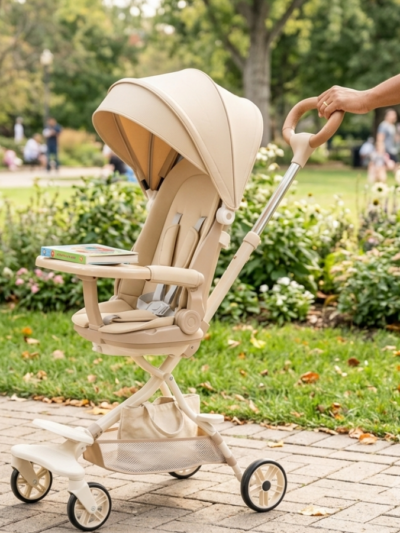 Baby Stroller with Adjustable Canopy, Safety Harness & Feeding Tray