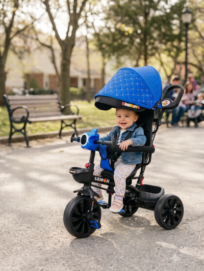 Blue Baby Tricycle with Canopy and Storage Baskets